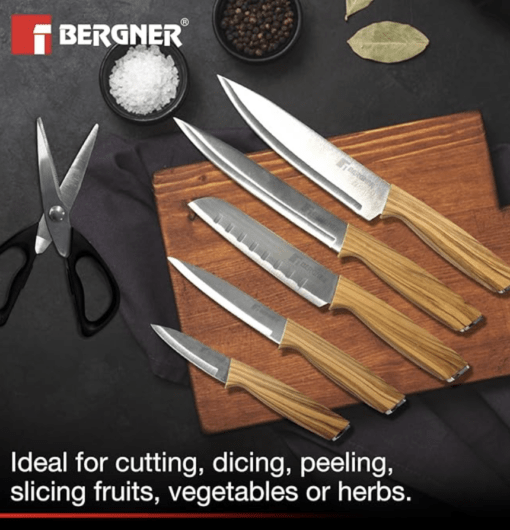 BERGNER Olive Garden Stainless Steel 7 Pcs Knife Set, Kitchen Knife Set of Chef Knife, Santoku Knife, Carving Knife, Utility Knife, Paring Knife, Scissor with Wooden Block, Durable, Soft Touch Handle - Image 3
